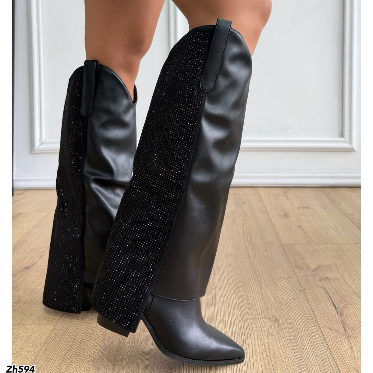 Bota texana negro doblez apliques brillante tacon  8cm  HX3191-B0060