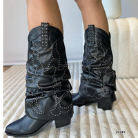 Bota texana negro doblez apliques y taches plateado tacon 6cm  255-074