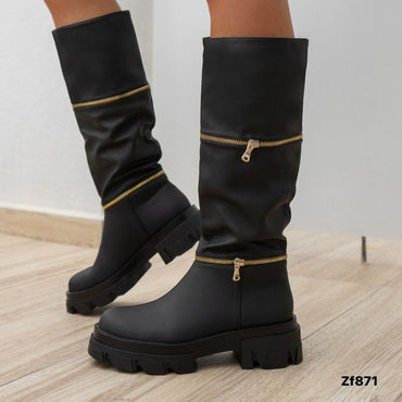 Bota caña alta negra detalles cierre dorado tacon 5cm  K6041  C-68