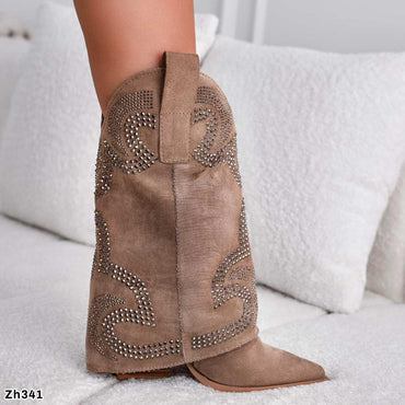 Botin texano beige doblez apliques plateado tacon 8cm  A9589  C-122