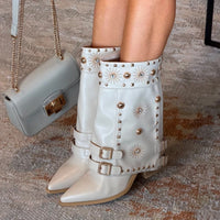 Botin texana beige doblez apliques dorado tacon 8cm   HX3198-B0223
