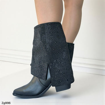 Botin texano negro doblez apliques brillantes tacon 7cm   52011  C-39