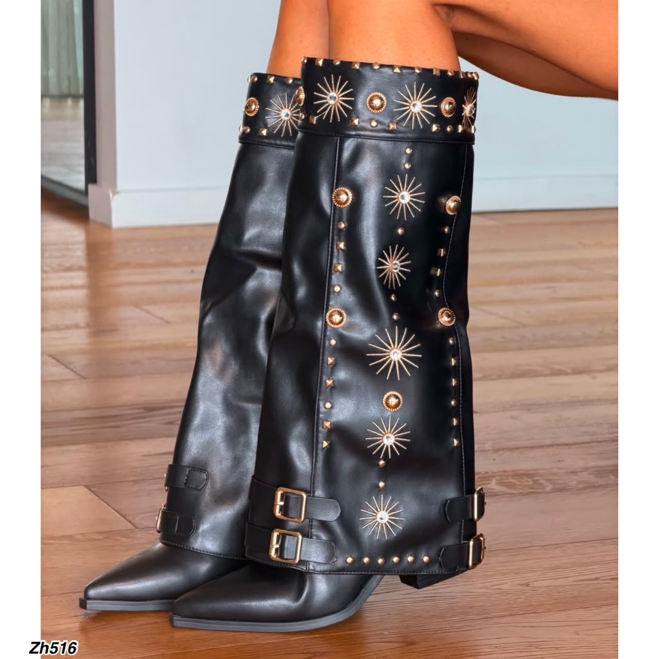 Bota texana negro doblez apliques dorado tacon 8cm  HX3198-B0199