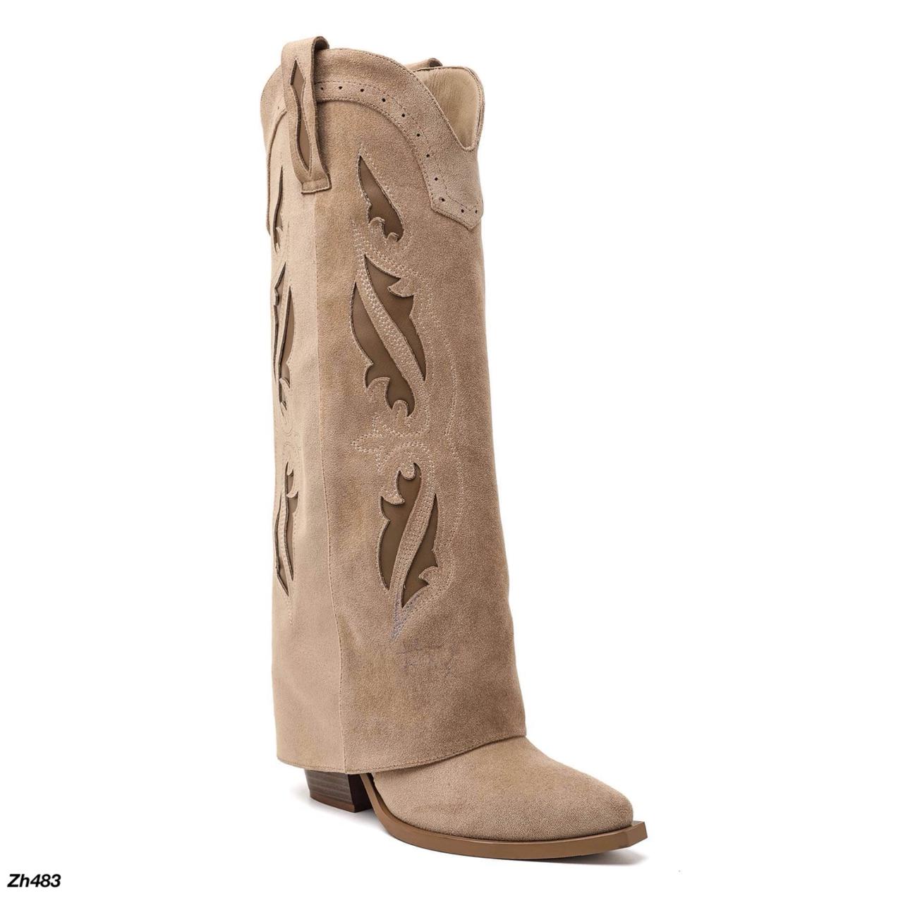 Bota texana beige doblez detalles café tacon 9cm  2563A  C-154