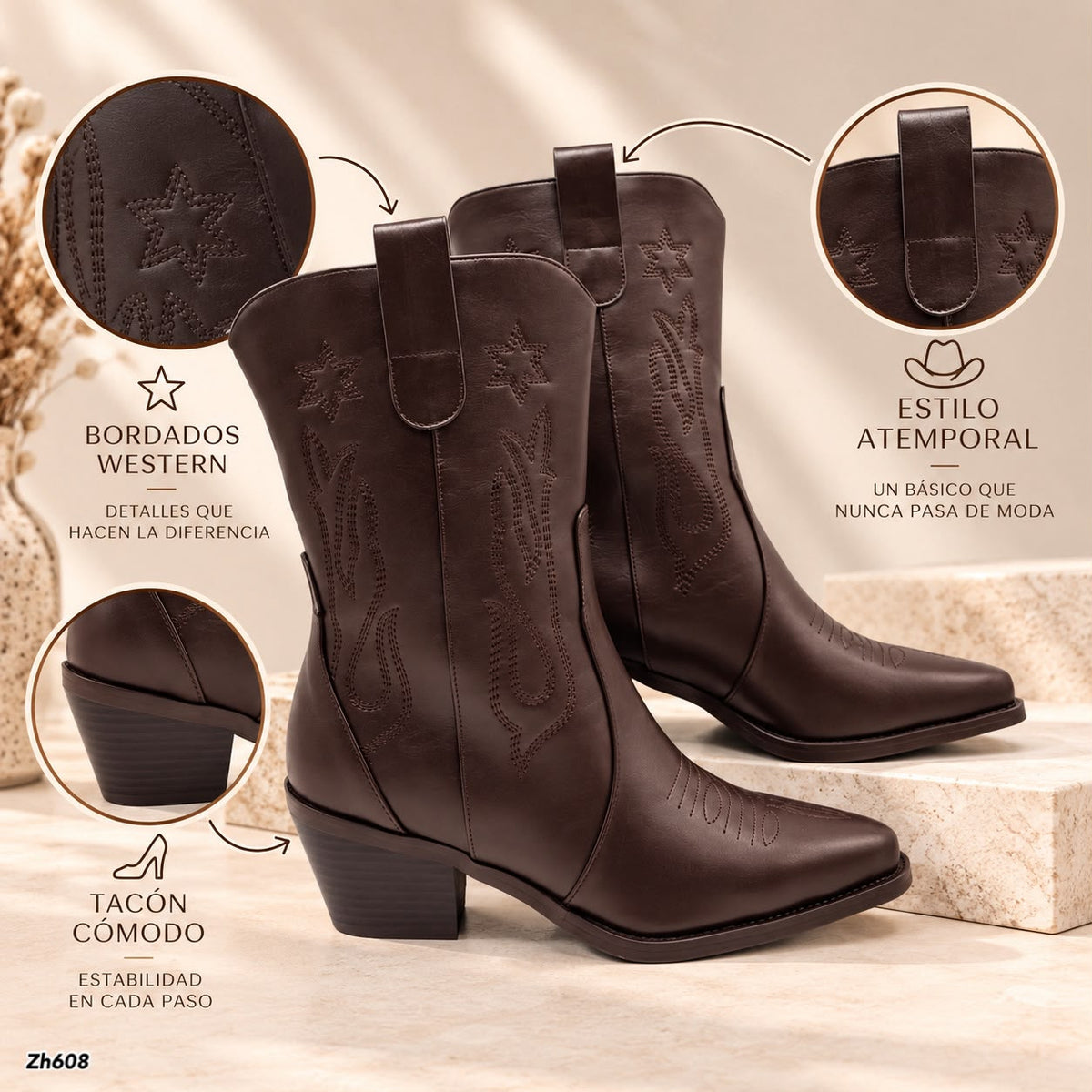 Botin texano café tacon 6cm  HX3168-C1765