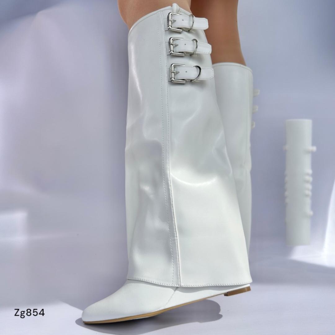 Bota blanco caña alta doblez detalle correas plataforma 8cm  A9657  C-3