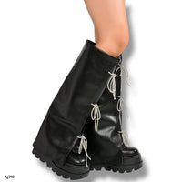 Bota caña alta negro doblez cordon apliques brillantes suela 7cm  52077   C-74