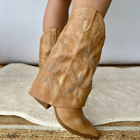 Bota texana café doblez apliques plateado tacon 7cm  HJ5101  C-42