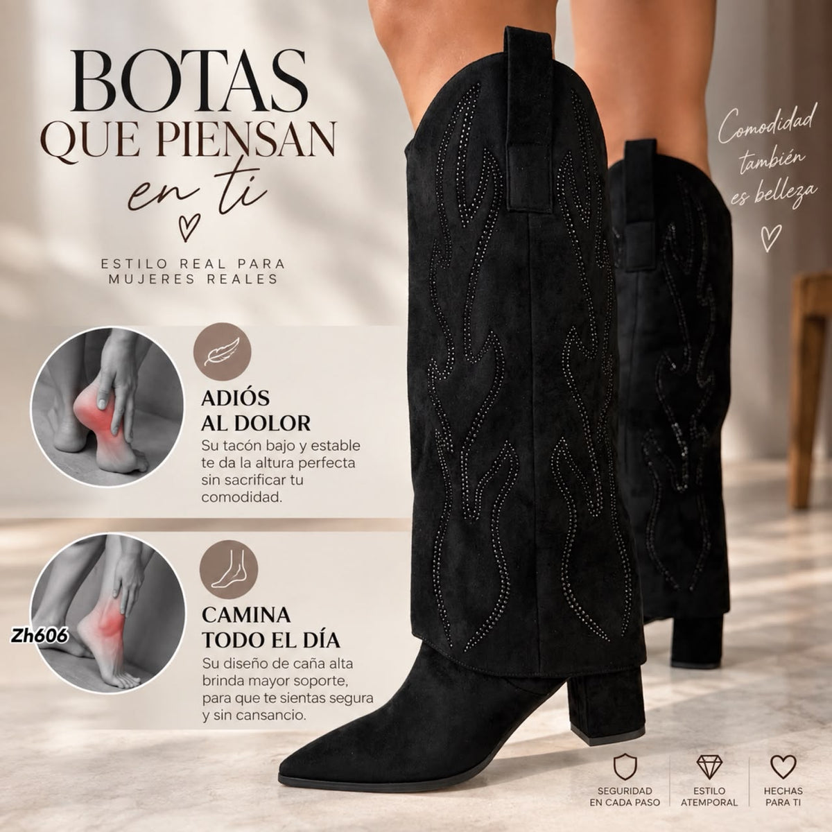 Bota caña alta negro doblez apliques brillante tacon 7cm  HX3360-C1783