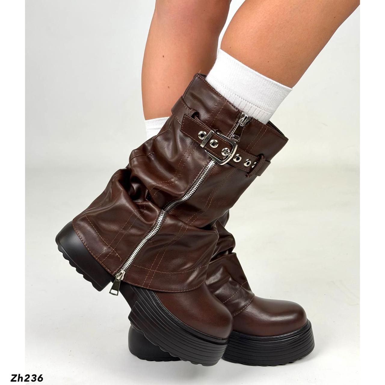 Bota café doblez detalle cierre hebilla plateado suela 5cm  YY-73  C-88
