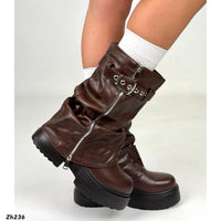 Bota café doblez detalle cierre hebilla plateado suela 5cm  YY-73  C-88