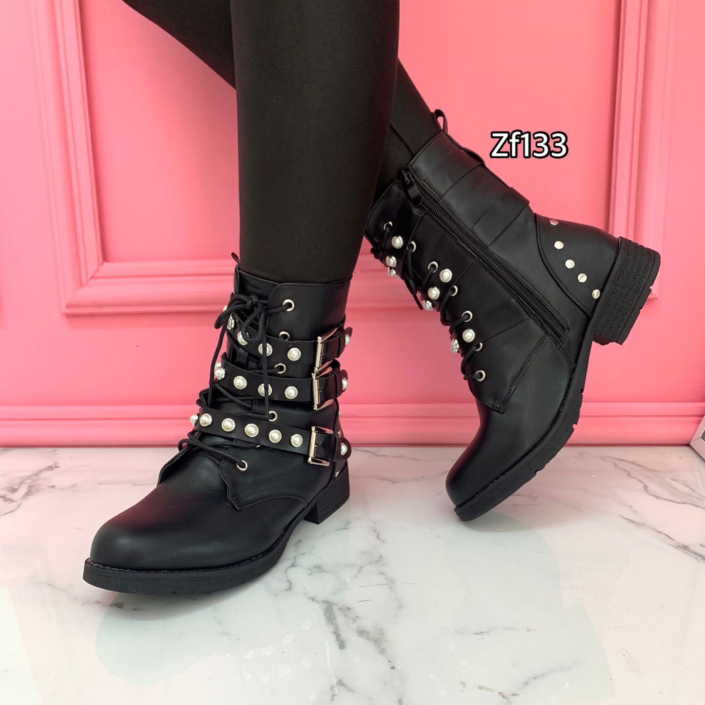Botin negro aplique perlas suela 3cm  566-1   C13