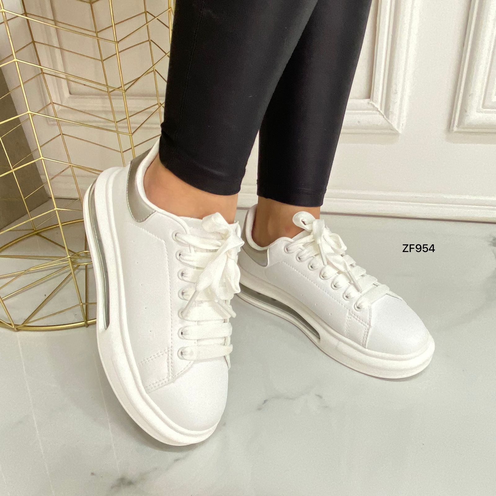 Tenis blanco detalle plateado recamara 3cm   TN09#   C-1