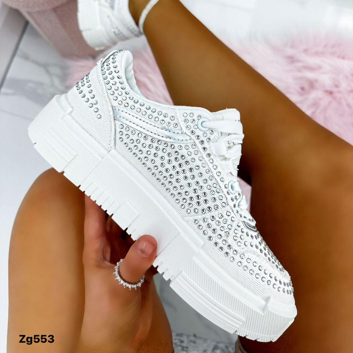 Tenis blanco apliques brillantes suela 3cm  9103  C-91