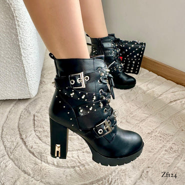 Botin negro apliques plateados tacon 10cm   SM507  C13
