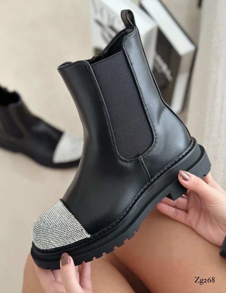 Botin negro apliques plateado brillantes suela 4cm  5182-6A  C-51