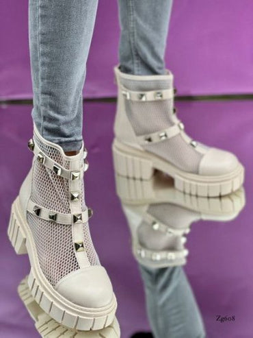 Botin blanco malla apliques dorado suela 5cm MS5036  C-53