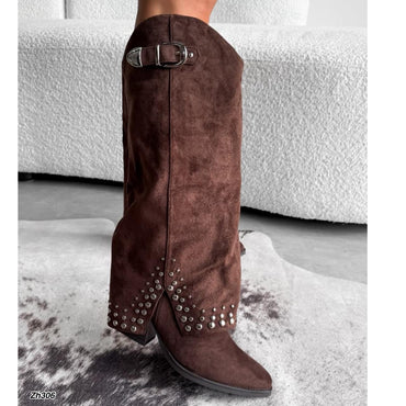 Bota texana café doblez apliques plateado tacon 7cm  BM183  C-114