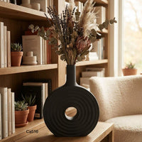 Jarron negro textura circulo ceramica  21cm* 28,2cm