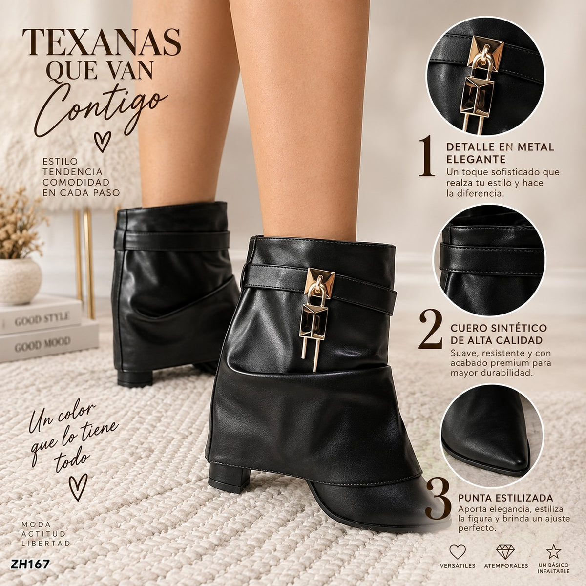 Botin negro doblez detalle dorado tacon 8cm  255-051