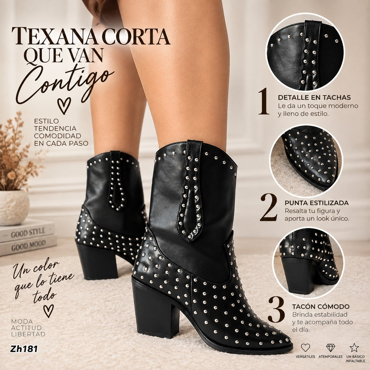 Botin texano negro apliques plateado tacon 7cm  HX3108-B9500
