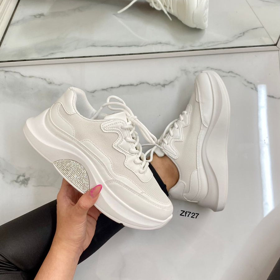 Tenis blanco apliques brillantes suela 3cm  9239   C-66
