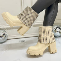 Botin beige doblex apliques plateados tacon 8cm  8679  C-52