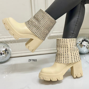 Botin beige doblex apliques plateados tacon 8cm  8679  C-52