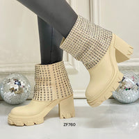Botin beige doblex apliques plateados tacon 8cm  8679  C-52