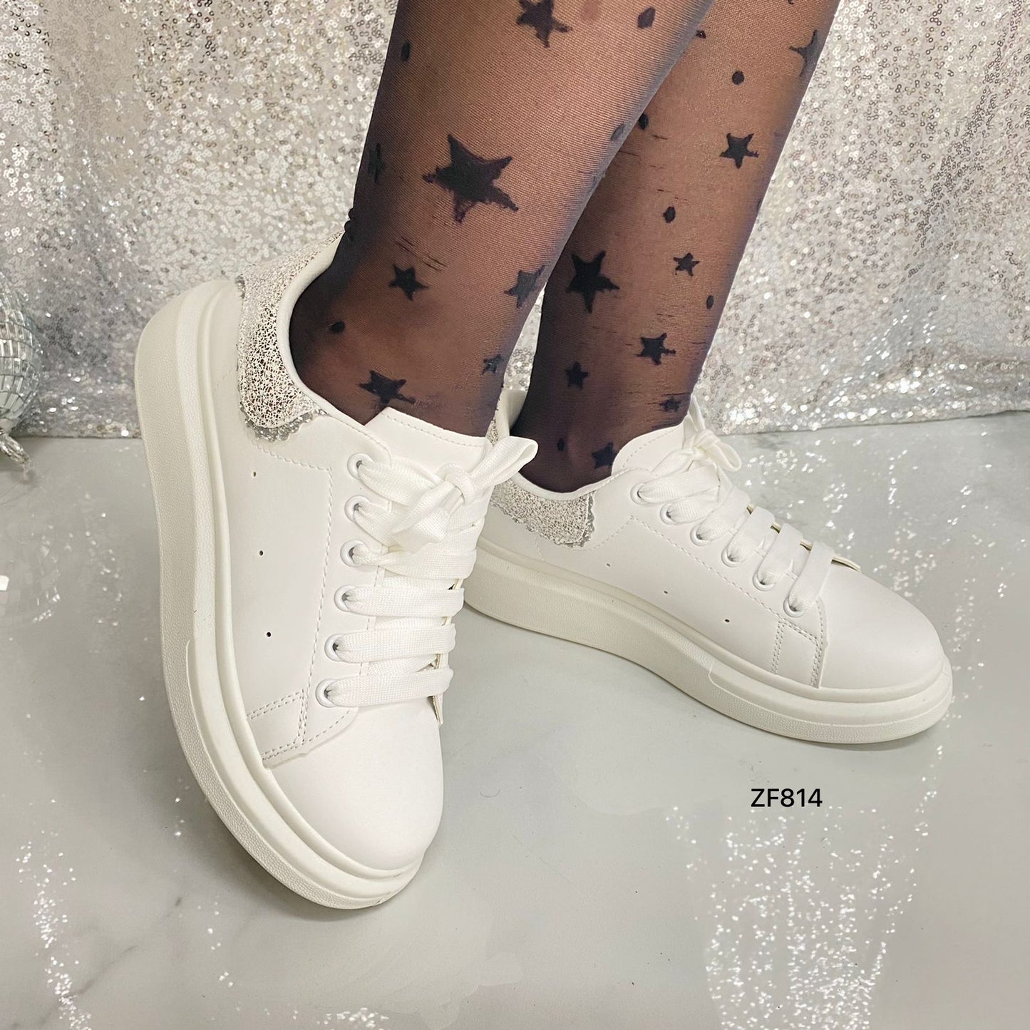 Tenis blanco apliques plateados suela 3cm  RA41  C-69