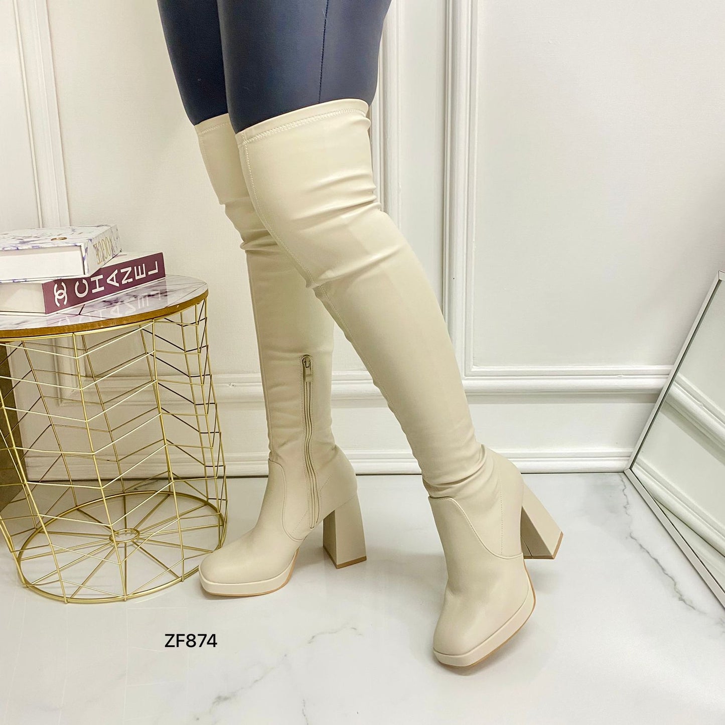 Bota caña alta beige tacon 10cm  H8-202  C-63