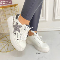Tenis blancos apliques brillantes suela 4cm    N 5308C  C-4