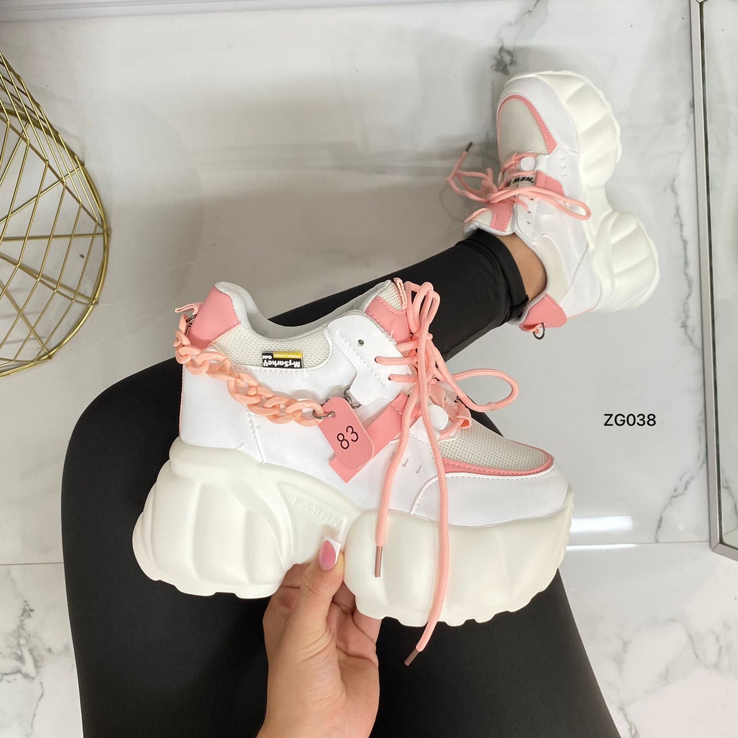 Tenis blanco detalles rosado plataforma 6cm  TNS01#  C-1