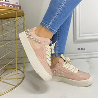 Tenis rosado apliques brillantes suela beige 3cm  9919  C-1