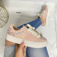 Tenis rosado apliques brillantes suela beige 3cm  9919  C-1