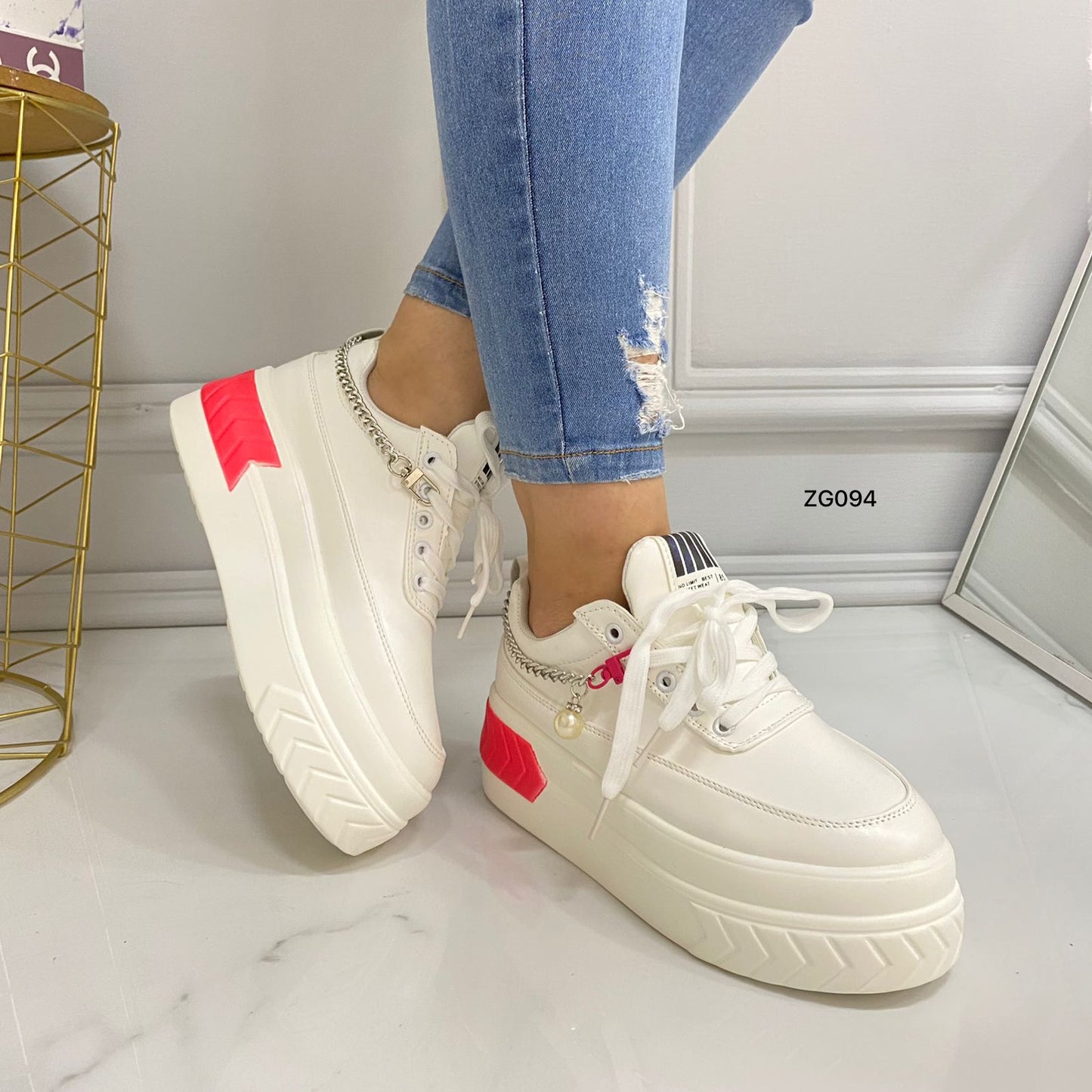 Tenis blanco detalle rosado cadena plataforma 5cm  TN05#  C-1