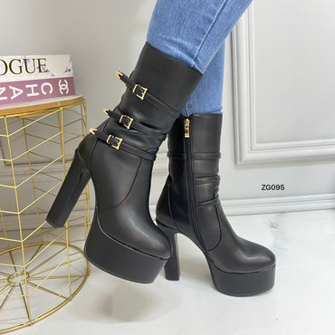 Botin negro aplique correas plataforma 5cm tacon 14cm  BO-06#  C-4