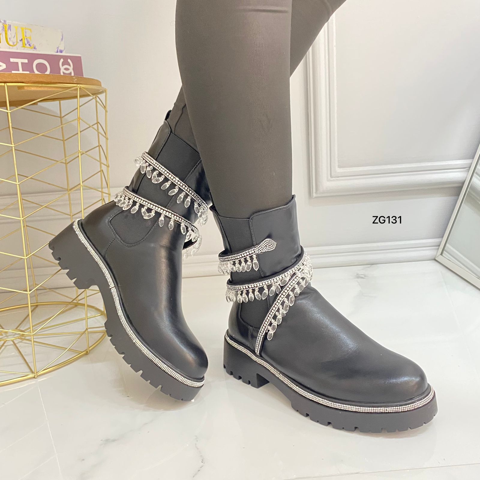 Botin negro apliques plateado brillantes suela 4cm  BTC11#  C-1