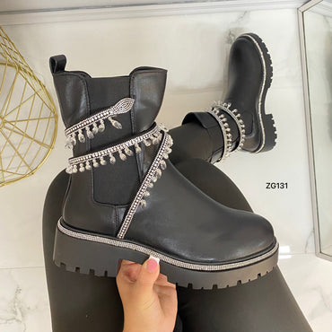 Botin negro apliques plateado brillantes suela 4cm  BTC11#  C-1