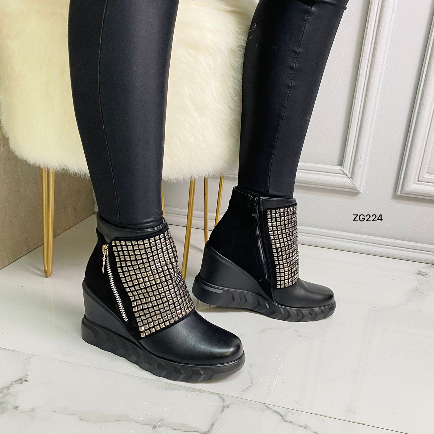 Botin negro apliques plateado plataforma 9cm   8678  C-4