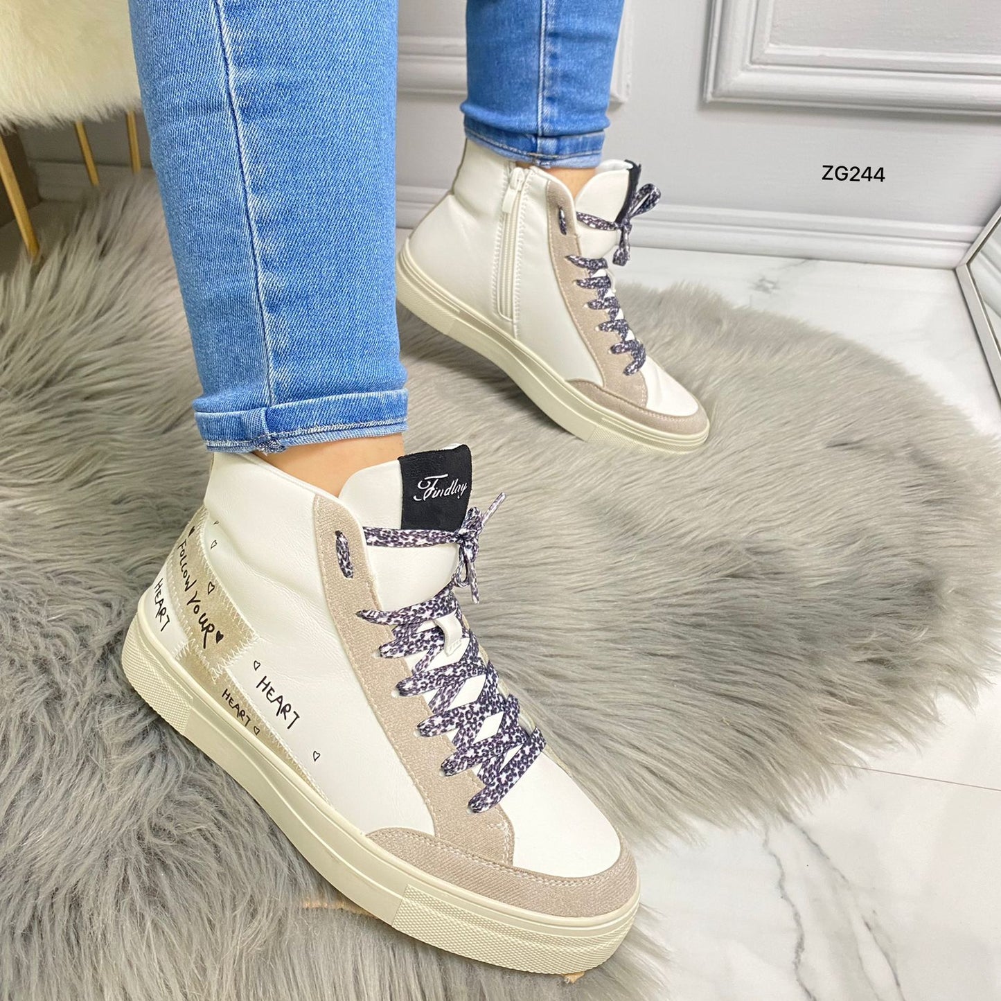 Tenis tipo botin blanco detalles beige suela 3cm  FY0760-1  C-1