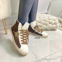 Tenis tipo botin café/blanco detalle brillante suela 2cm  FY0707-1  C-1