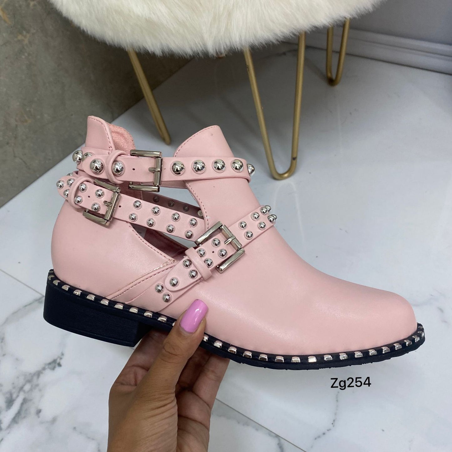 Botin rosado apliques plateado correas tacon 3cm  6078  C-21