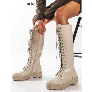 Bota caña alta beige cordones apliques brillantes suela 4cm  2023-N20  C-44