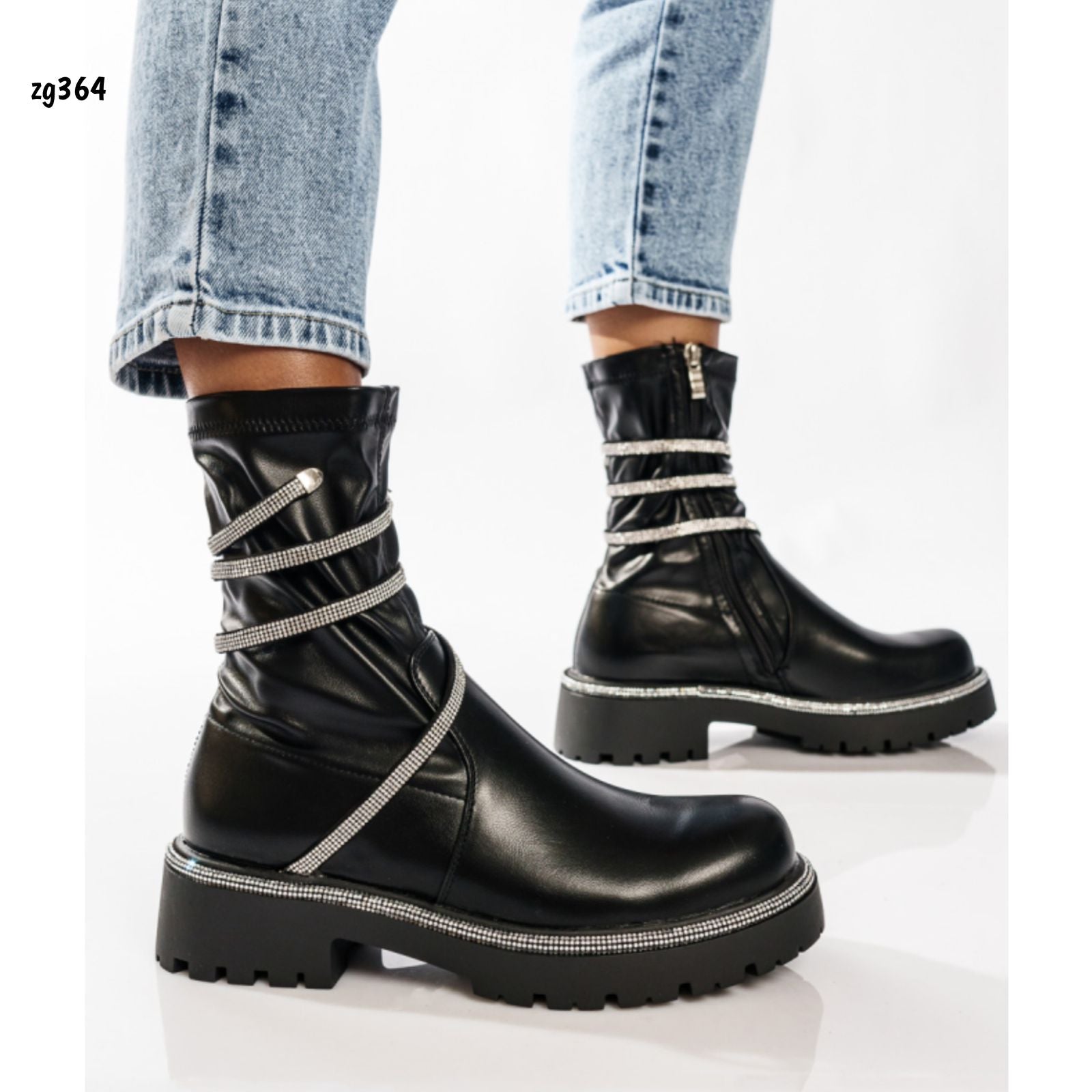 Botin negro apliques brillantes suela 3cm  52021  C-45