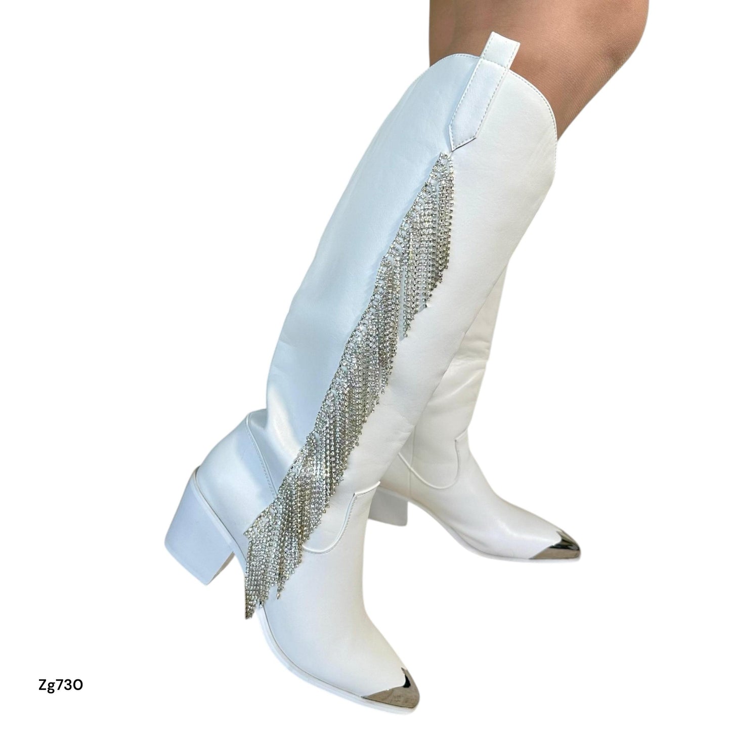 Bota texano blanco apliques y punta plateado tacon 6cm  IS14-008