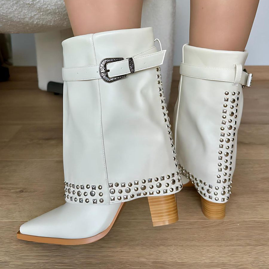 Botin texano beige doblez apliques plateado tacon 9cm  HX3077-C1077