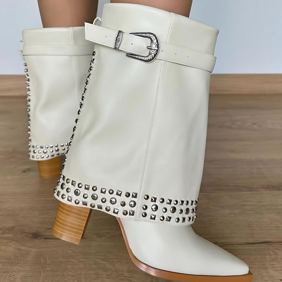 Botin texano beige doblez apliques plateado tacon 9cm  HX3077-C1077