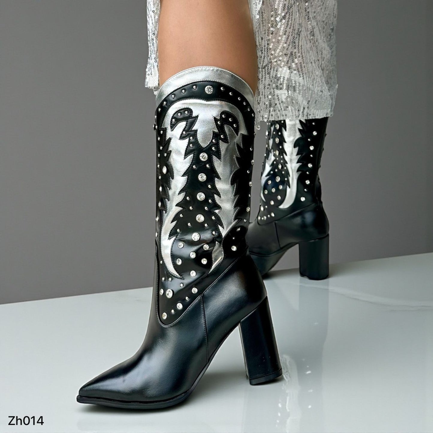 Bota texana negro detalles plateado apliques brillantes tacon 8cm  HX3076-B9371