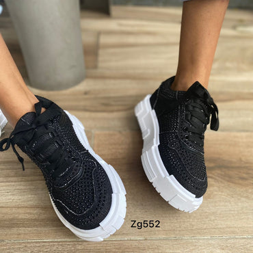 Tenis negro apliques brillantes suela 3cm  9103  C-91